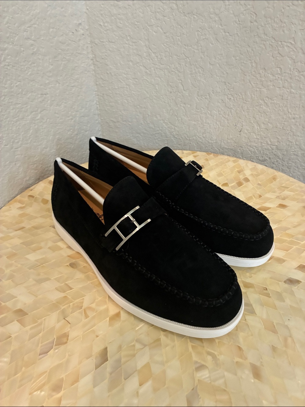 Black Suede Loafers with Silver H Buckle
